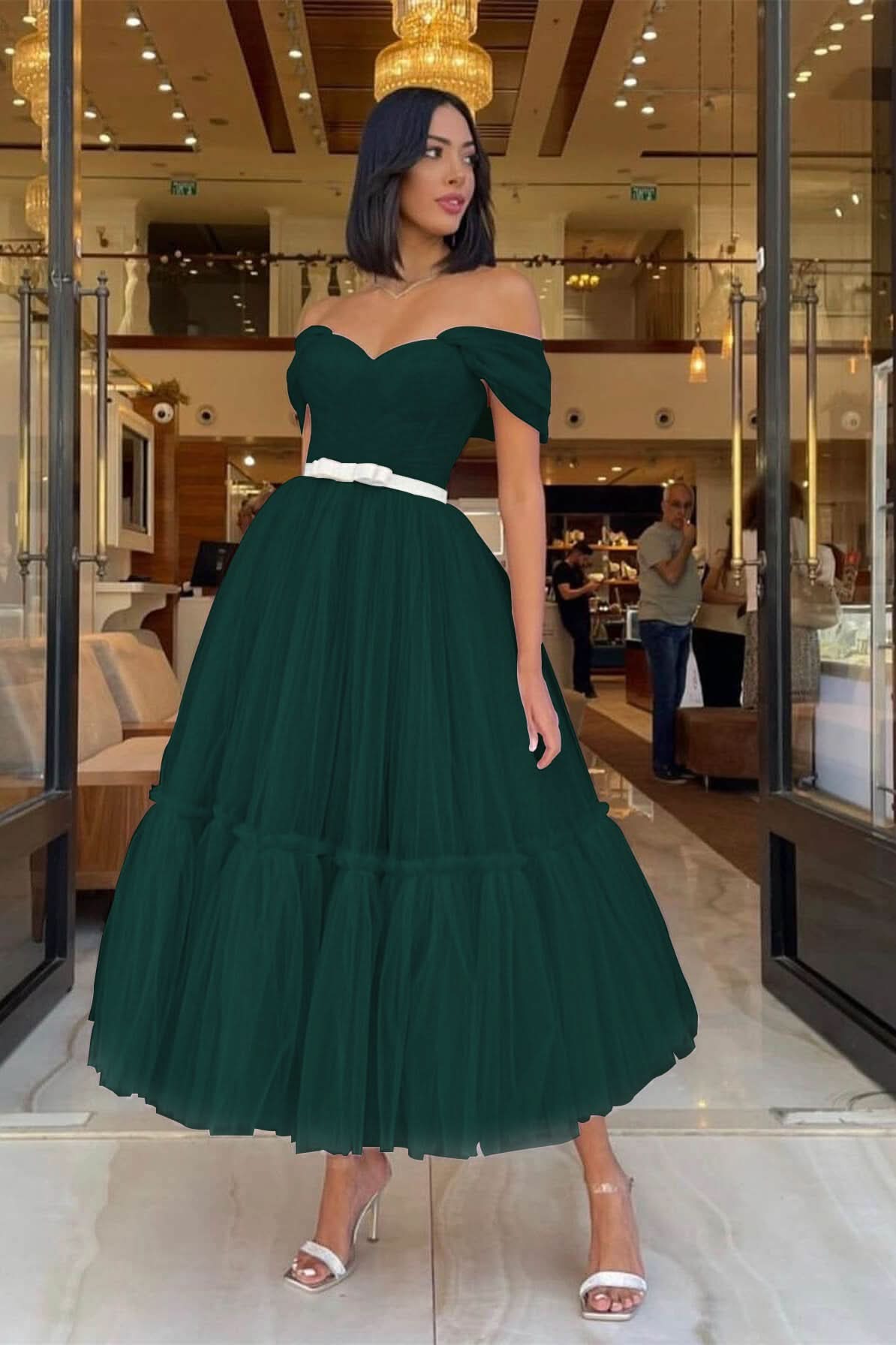 Light Pink Sweetheart Off-The-Shoulder Tulle Prom Dress with Belts BM bride