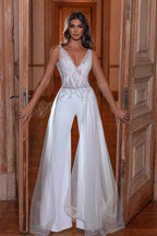 Elegant White Straps V Neck Mermaid Split Prom Dress With Beads
