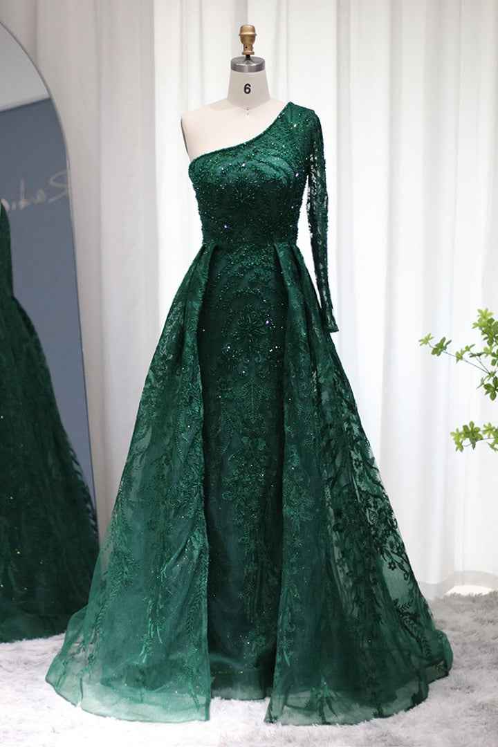 Emerald One Shoulder Long Sleeves Prom Dress Tulle With Diamond Appliques