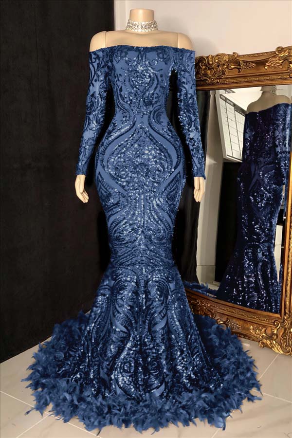 Long Sleeves Strapless Mermaid Prom Dress Sequins Burgundy With Feather BMBRIDE
