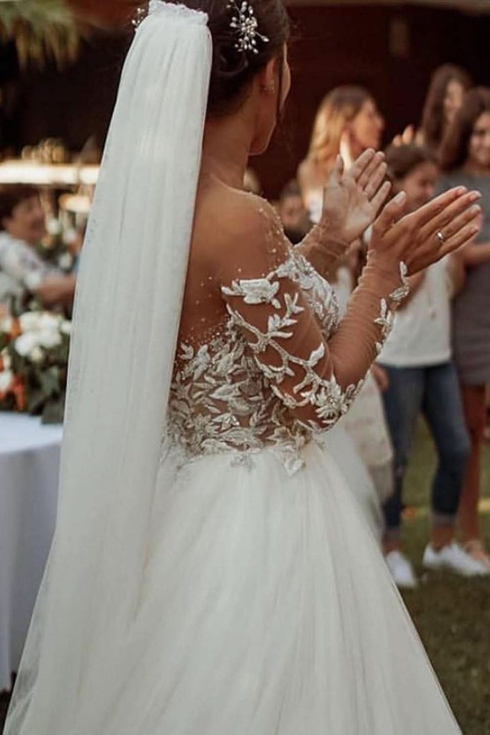Long Sleeve A-Line Sheer Tulle Wedding Dress with Lace BM bride