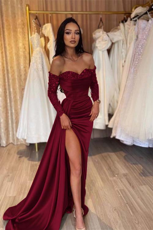Off the Shoulder Long Sleeves Long Mermaid Prom Dress With Pleated BMBRIDE