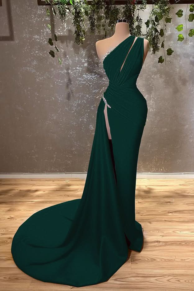 Ocean Blue One Shoulder Mermaid Evening Dress Long with Split BM bride