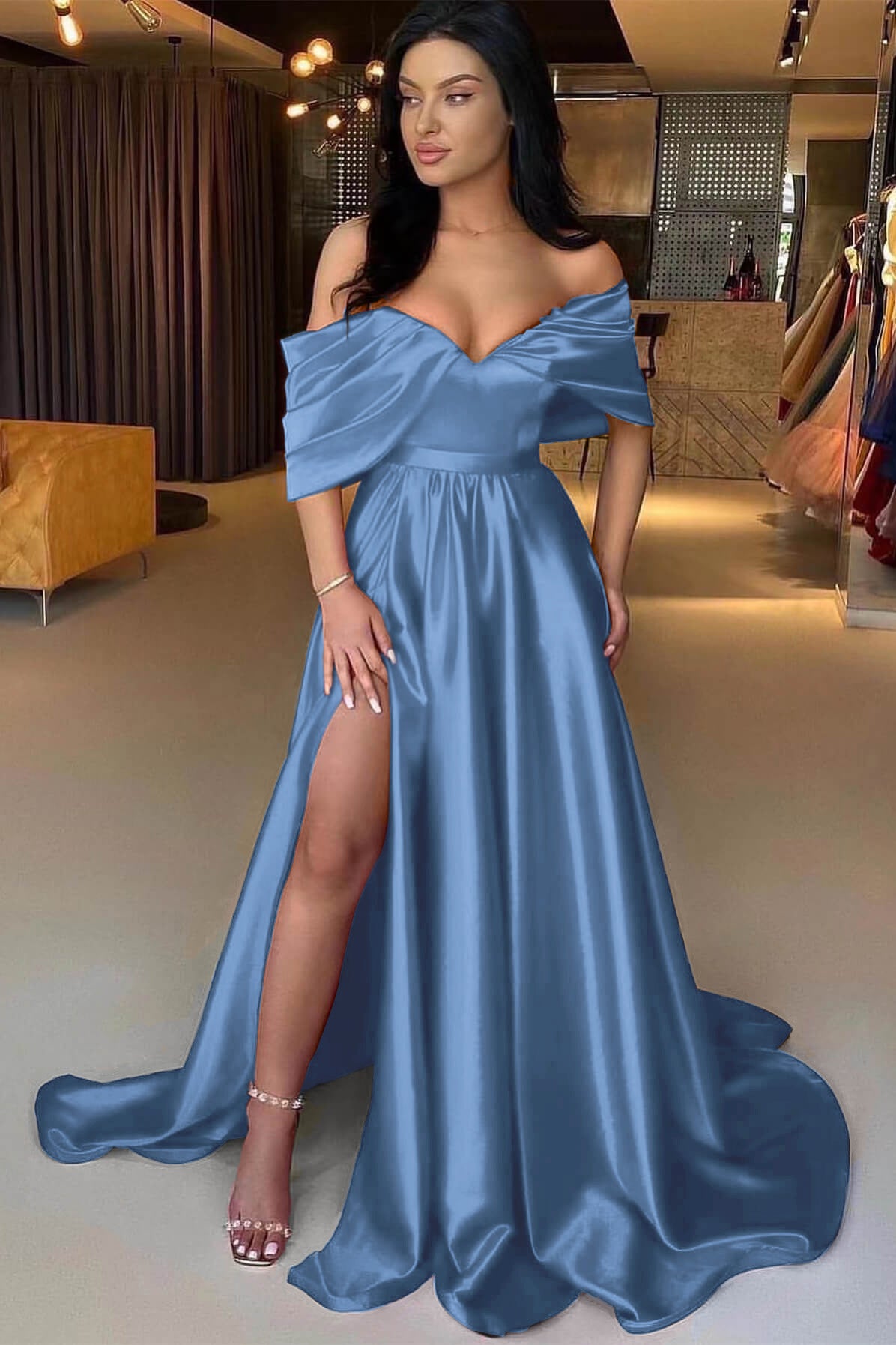 Charming Red A Line Off the Shoulder Strapless Long Prom Dress With Split BMBRIDE