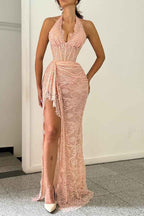 Halter Sleeveless Lace Appliques Pleated Long Prom Dress With Front Split