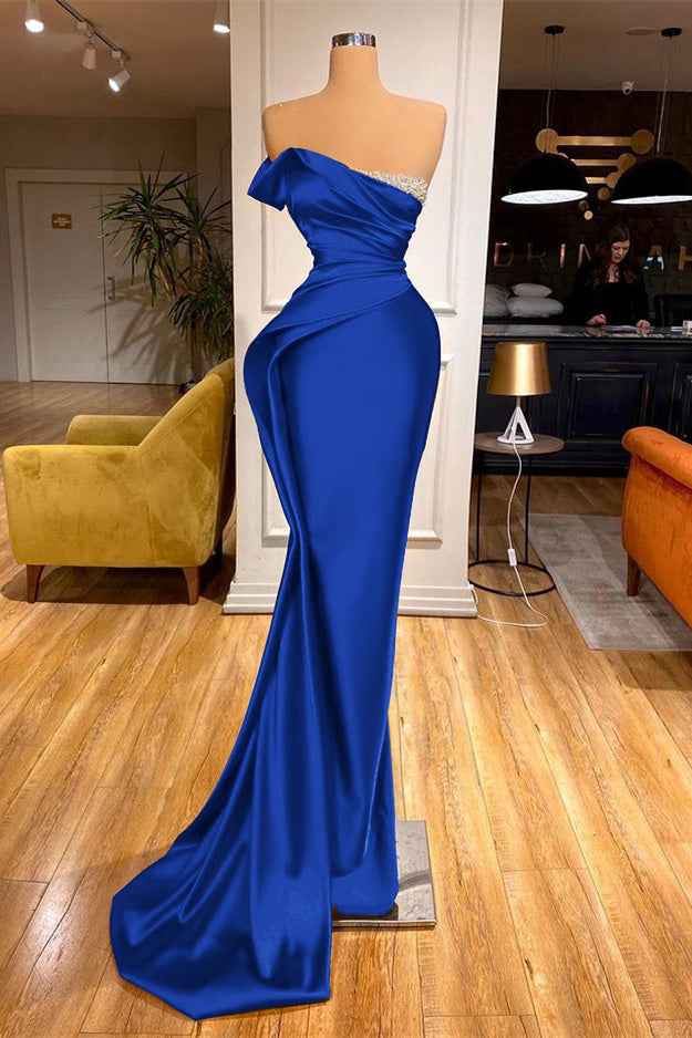 Long Red One Shoulder Strapless Prom Dress Pleated Mermaid With Beadings