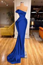 Long Red One Shoulder Strapless Prom Dress Pleated Mermaid With Beadings