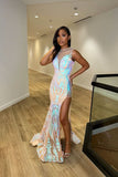 Fantasy Evening Dress Sleeveless V Neck with Sequins Side Split BM bride