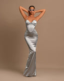Elegant Grey Charmeuse Halter Evening Gown BM bride