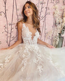 A-Line Deep V-neck Backless Wedding Dress With Appliques Lace Tulle BM bride