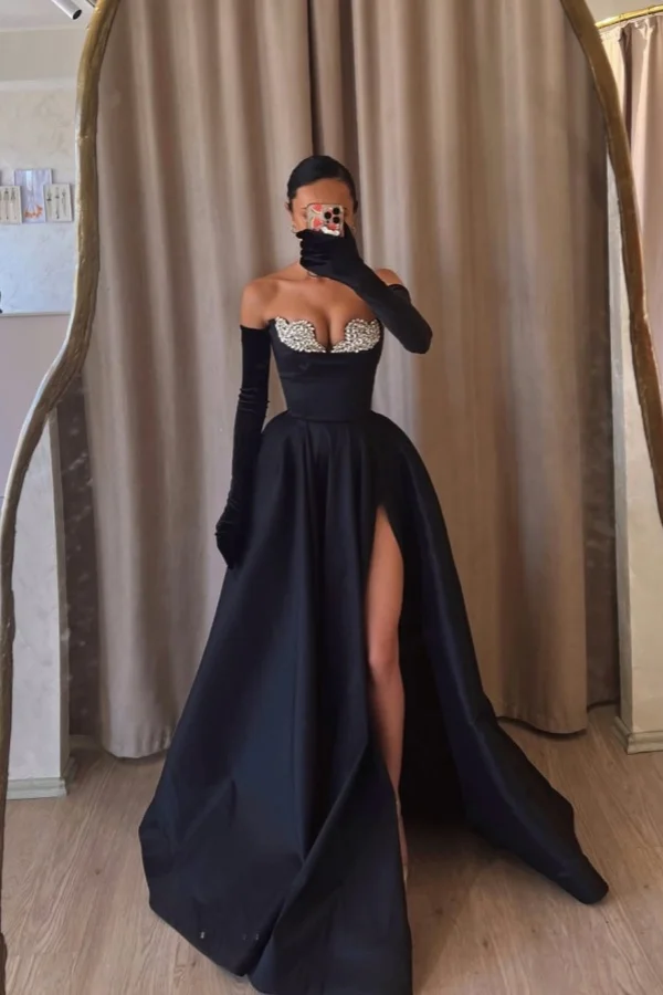 Strapless Sleeveless Long Split Prom Dress With Beading Long Gloves BMBRIDE