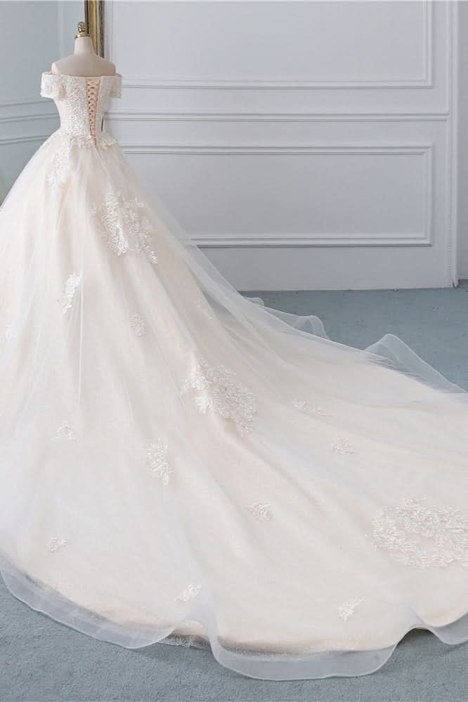 Princess Off-the-Shoulder Tulle Wedding Dress with Lace Appliques BM bride