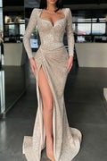 Long Sleeves High Split Long Prom Dress Mermaid With Sequins BMBRIDE