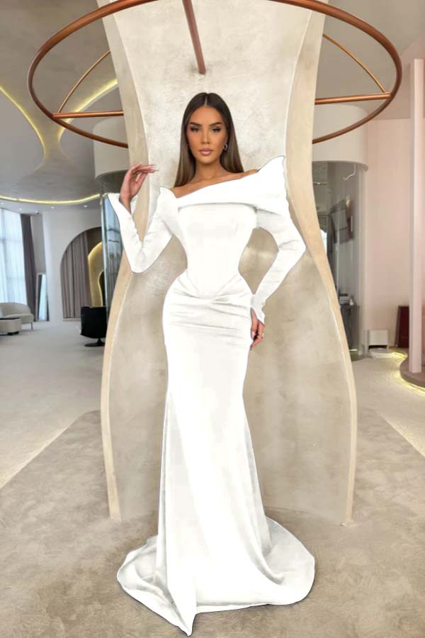Off the Shoulder Long Sleeves Long Mermaid Prom Dress With Pleated BMBRIDE
