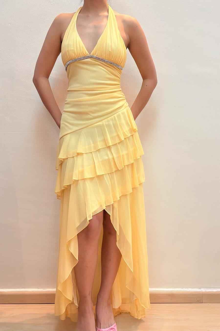 Halter V Neck Sleeveless Long Prom Dress With Pleated Beading