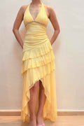 Halter V Neck Sleeveless Long Prom Dress With Pleated Beading