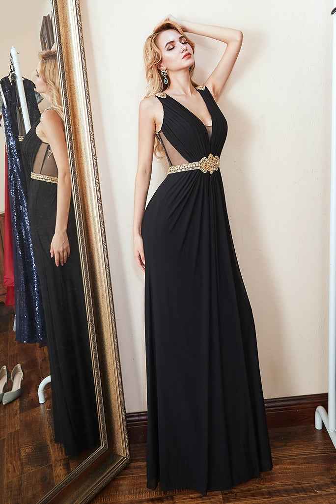Straps Deep V Neck Sleeveless Beadings Long Prom Black Dress With Crystals