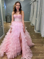 Pink Strapless Tiered Ruffles Lace Appliqu¡§|s Corset Prom Dress with Slit
