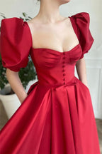 Online Wine Red Front Split Short Square Neck Prom Dress with Short Sleeves BM bride