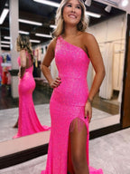 Fashionable Mermaid One-Shoulder Sequins Prom Dress with Tassels BM bride
