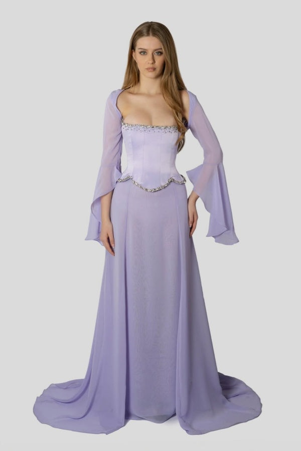 Chiffon Long Sleeves Long Mermaid Prom Dress With Beading Pleated BMBRIDE