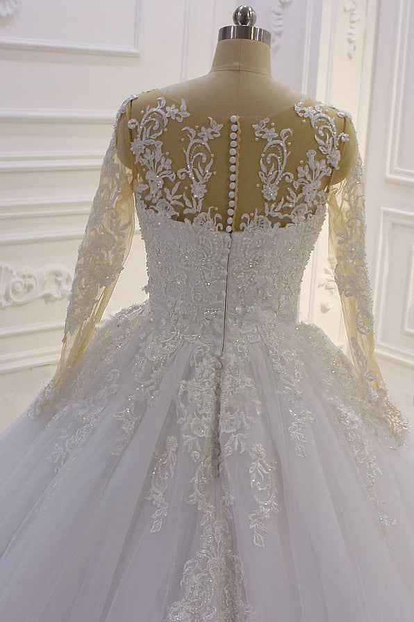 Bateau Long Sleeve Lace A-Line Wedding Dress with Pearls and Tulle Appliques BM bride