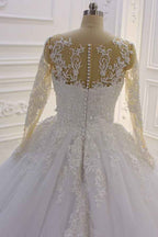 Bateau Long Sleeve Lace A-Line Wedding Dress with Pearls and Tulle Appliques BM bride