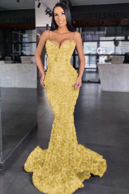 Sweetheart Royal Blue Spaghetti Strap Mermaid Long Prom Dress With Sequins BMBRIDE