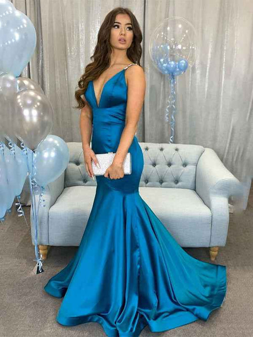 Peacock Blue Mermaid V-Neck Spaghetti Straps Satin Long Prom Dress BMBRIDE
