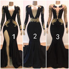 Long Sleeves Black Prom Dress with Gold Appliques BM bride