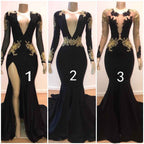 Long Sleeves Deep V Neck Black High Split Prom Dress With Gold Appliques