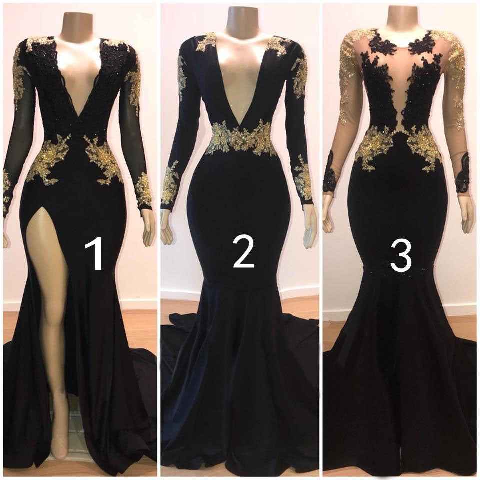 Long Sleeves Deep V Neck Black High Split Prom Dress With Gold Appliques