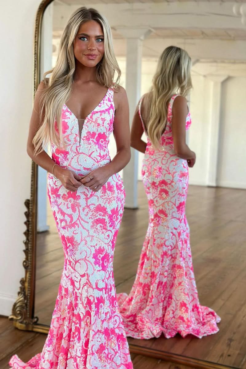 Dazzling Pink V Neck Sequin Lace Mermaid Prom Dress BM bride