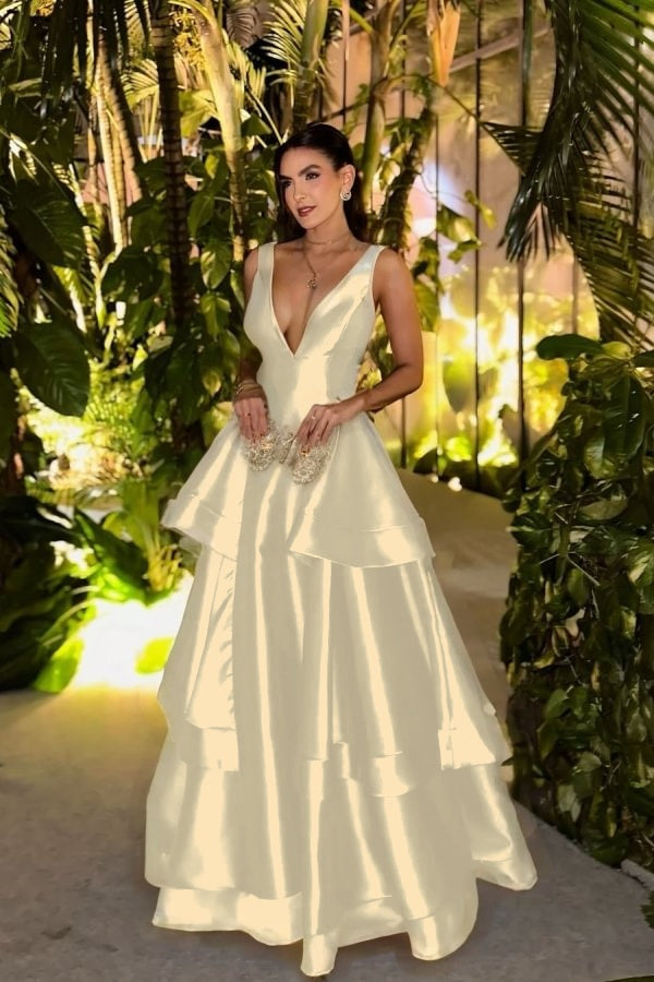 Straps Deep V Neck Sleeveless A Line Long Prom Dress With Pleated