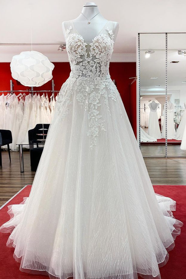 Sleeveless Jewel Neck Long A-Line Tulle Wedding Dress with Ruffles and Lace Appliques BM bride