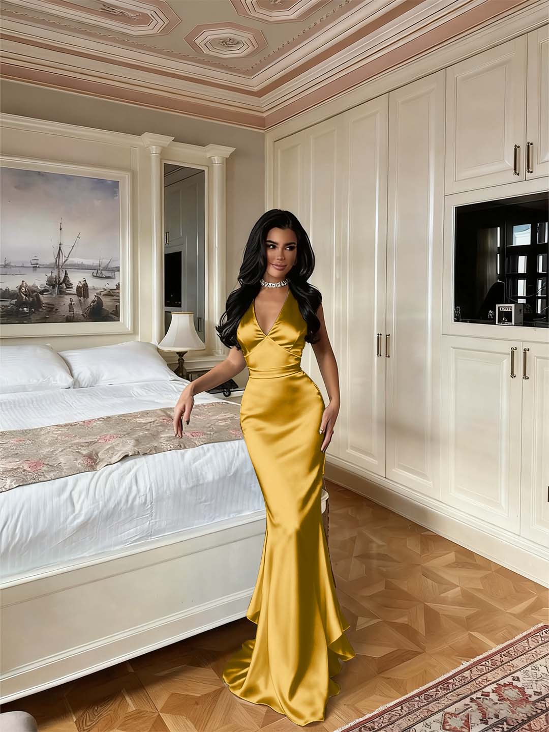Charming V Neck Sleeveless Long Mermaid Prom Dress With Pleated BMBRIDE