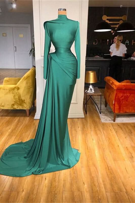 Green High Neck Long Sleeves Mermaid Prom Dress with Ruffle BM bride