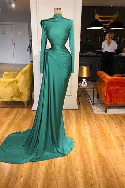 Charming Long Sleeves Green High Neck Long Prom Dress Mermaid With Ruffles