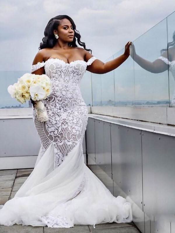 Plus Size Off-the-Shoulder Mermaid-Style Wedding Gown for a Stunning Look BM bride