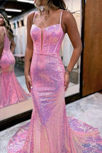 Pink Sequins Spaghetti Strap Long Mermaid Evening Dress BM bride