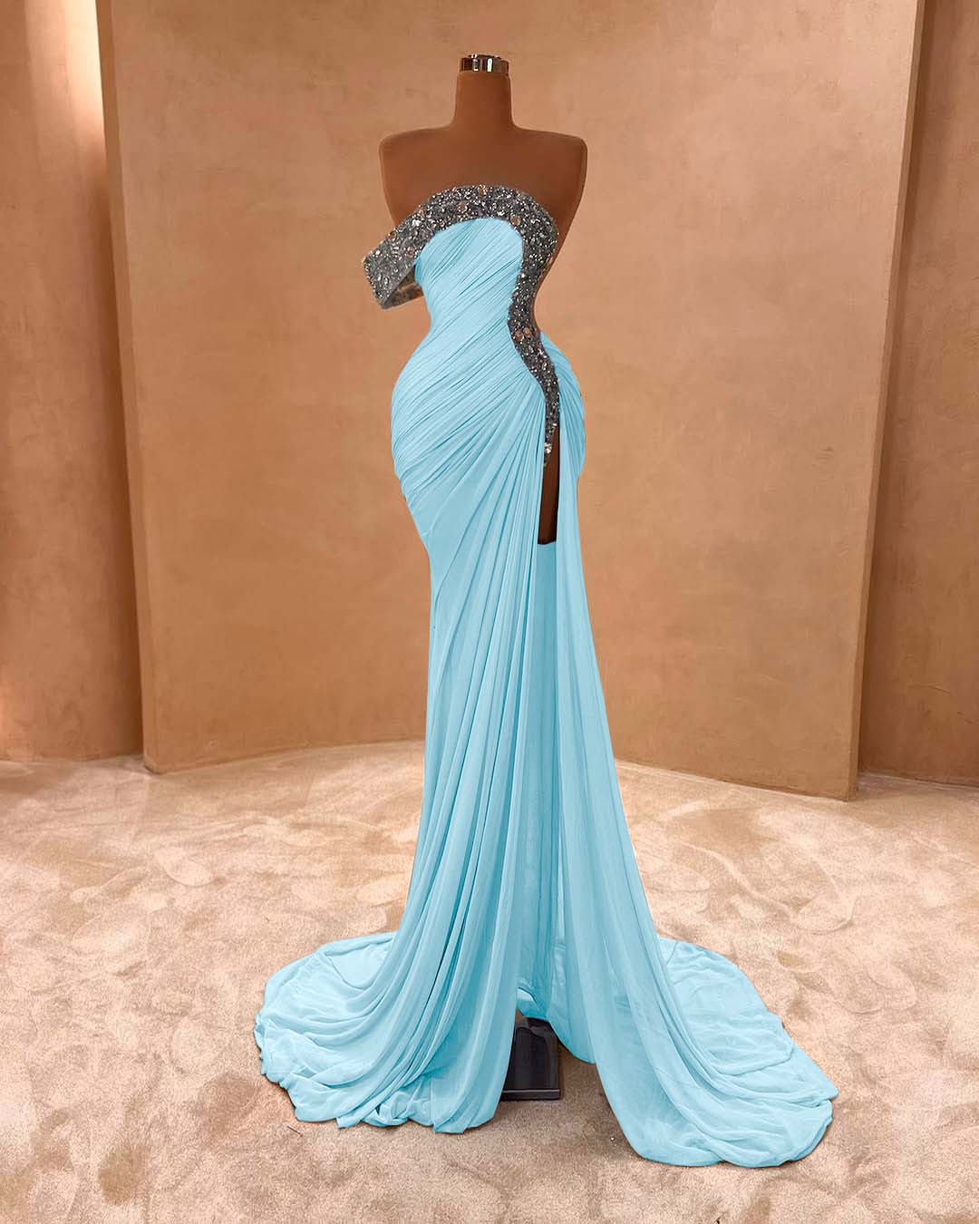 One Shoulder Sleeveless Long Split Prom Dress With Pleated Sequins BMBRIDE