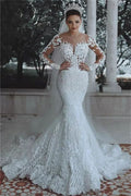 Gorgeous Long Sleeve Mermaid Wedding Dress with Lace Appliques BM bride