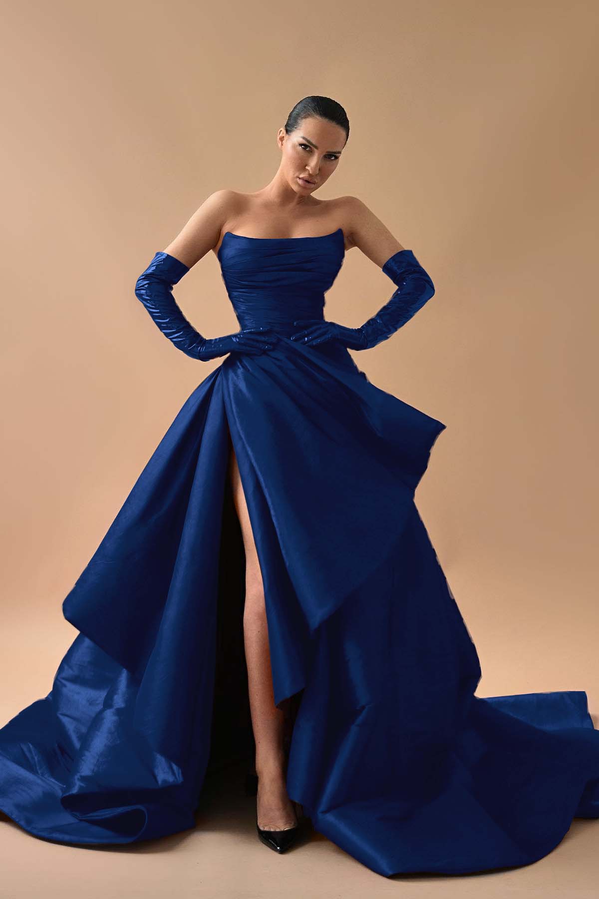 Strapless Sleeveless Long Split Prom Dress With Gloves Pleated BMBRIDE