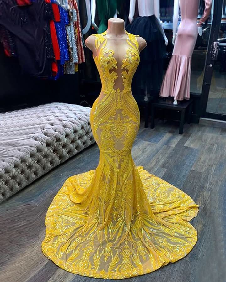 Yellow Sequins Mermaid Prom Dress Sleeveless BM bride
