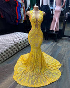 Yellow Sequins Mermaid Prom Dress Sleeveless BM bride