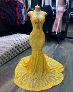 Stunning Mermaid Yellow Sequins Long Prom Dress Sleeveless With Appliques