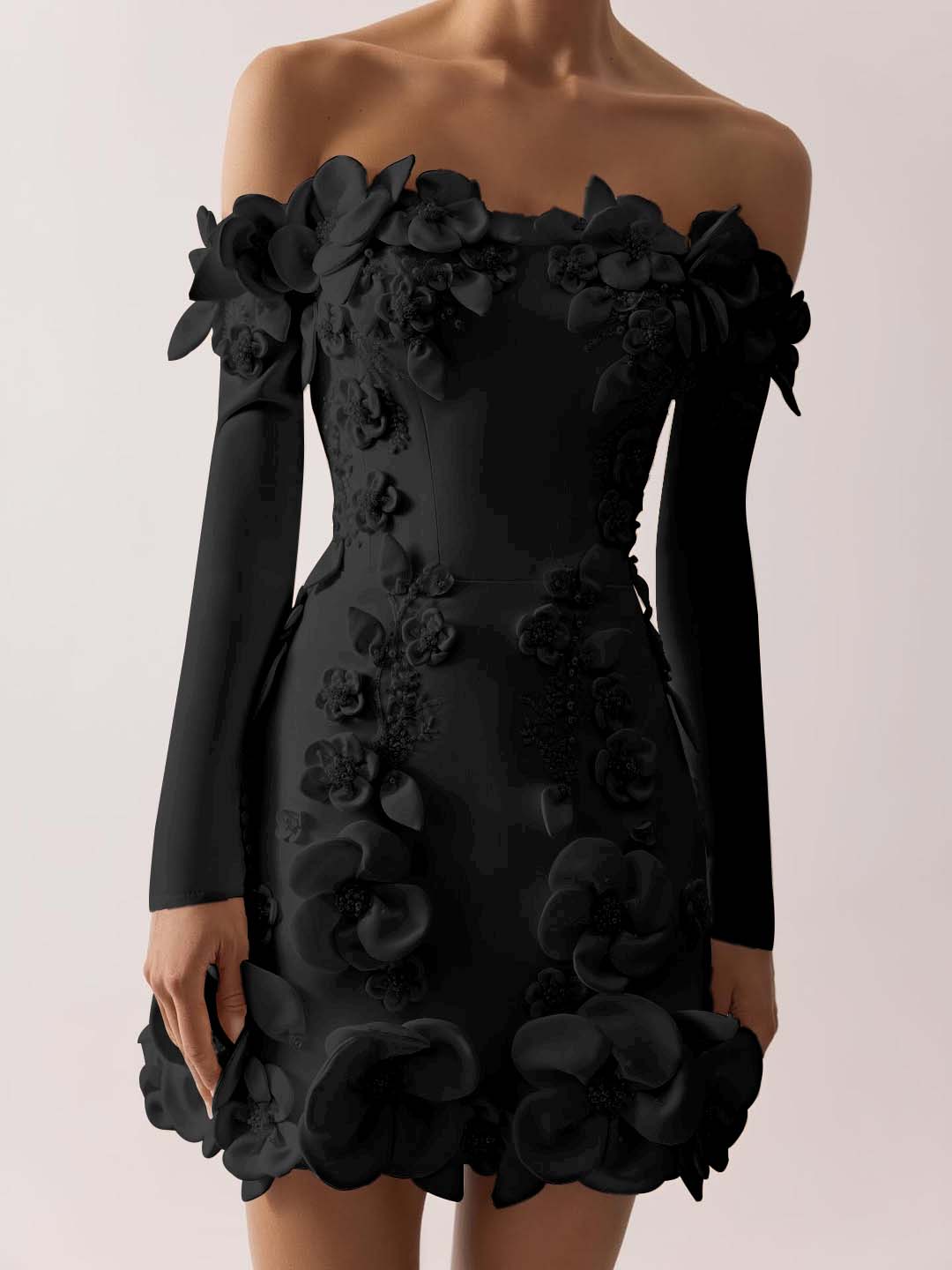 Off the Shoulder Long Sleeves Short Prom Dress With Appliques BMBRIDE