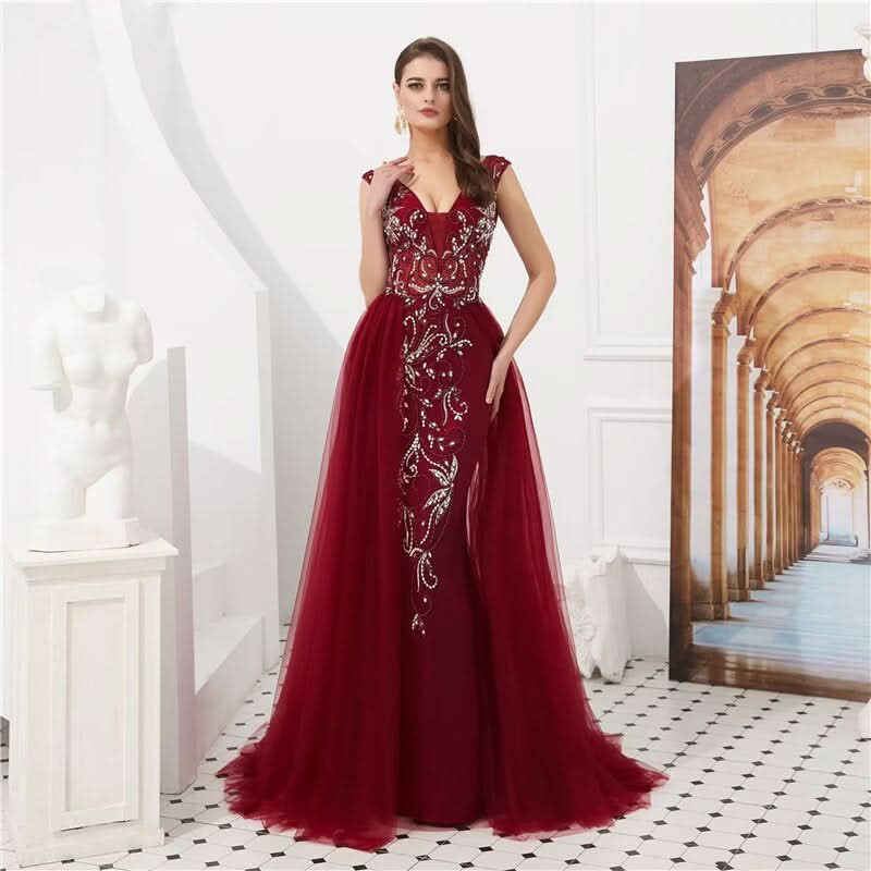 Burgundy Mermaid Evening Dress with V Neck and Crystal Beading BM bride