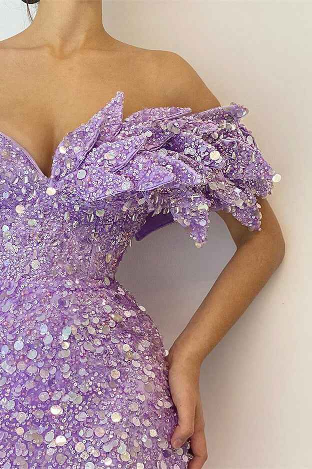 Pretty Lilac Sequins Off the Shoulder Mermaid Prom Dress With Split
