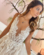 A-Line Deep V-neck Backless Wedding Dress With Appliques Lace Tulle BM bride
